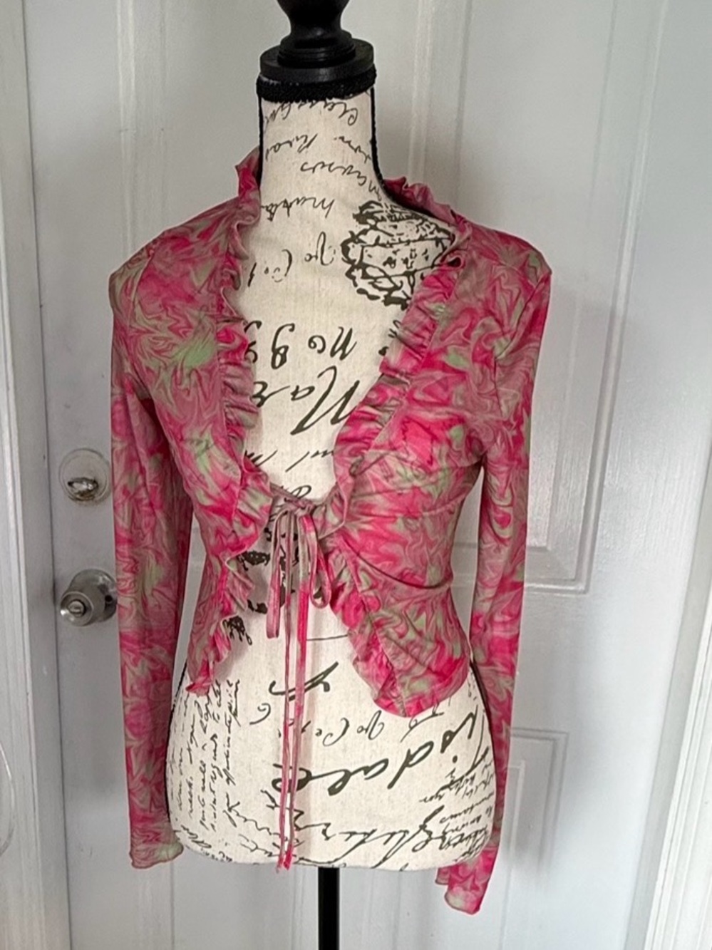 New Pink Y2K Style Pink & Green Abstract Marble Mesh Tie-Front Cardigan Top M - Picture 3 of 9